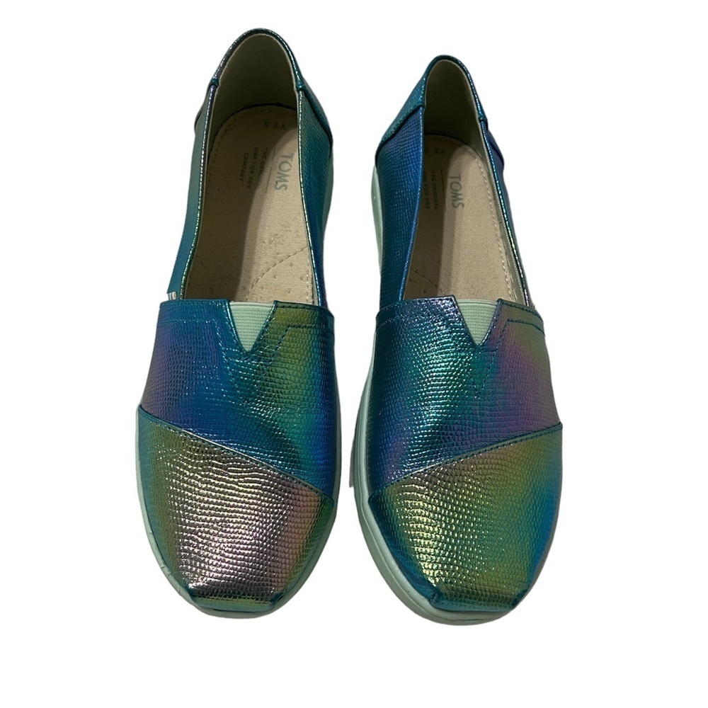 Toms Alpargata Iridescent Green Snake Slip-On Youth Shoes Size 5.5